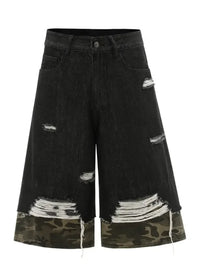 Men's Distressed Camo Trim Denim Bermuda Shorts