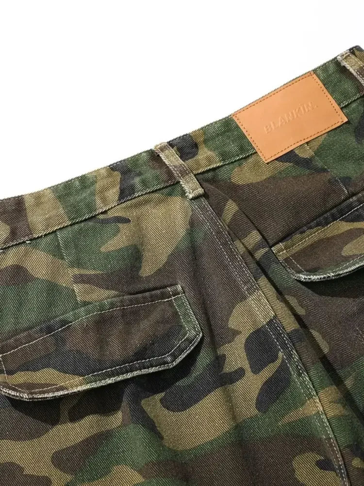 Men's Distressed Camouflage Cargo Denim Shorts