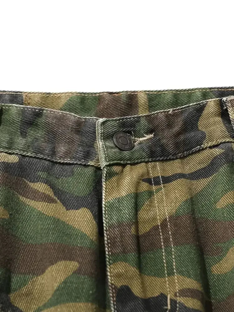 Men's Distressed Camouflage Cargo Denim Shorts
