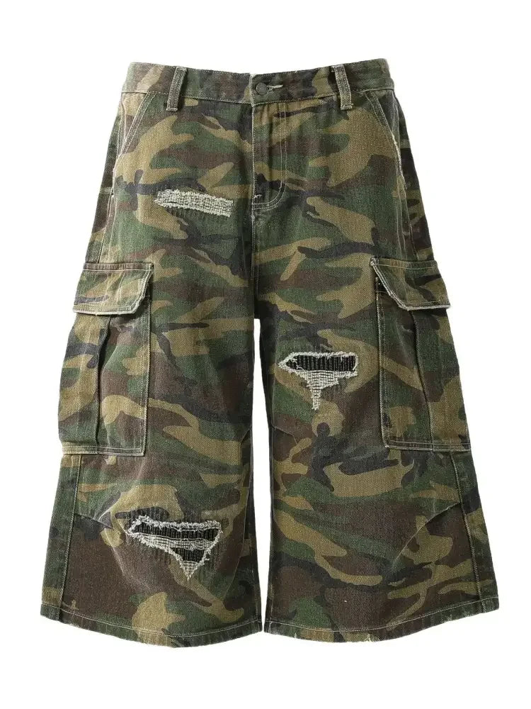 Men's Distressed Camouflage Cargo Denim Shorts