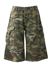 Men's Distressed Camouflage Cargo Denim Shorts