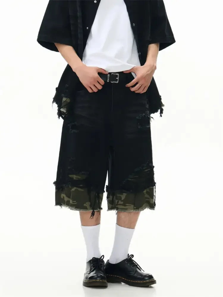 Men's Distressed Camouflage Denim Shorts