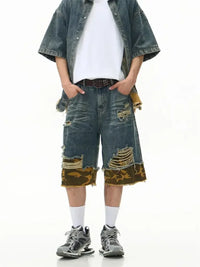 Men's Distressed Camouflage Denim Shorts