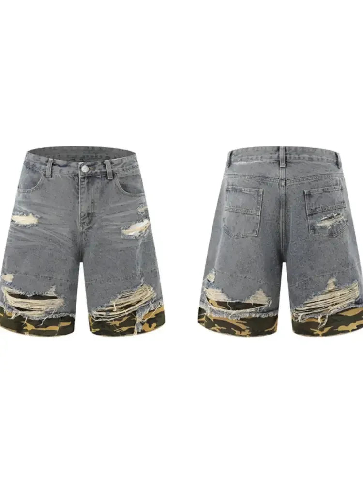 Men's Distressed Camouflage Denim Shorts