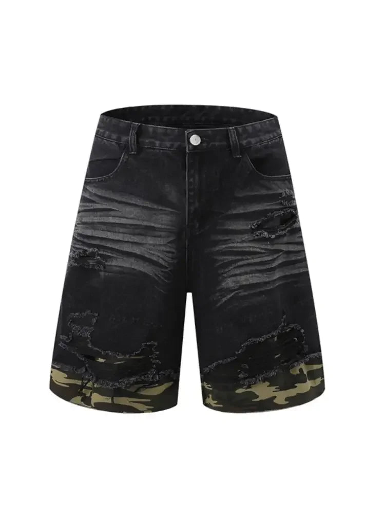 Men's Distressed Camouflage Denim Shorts