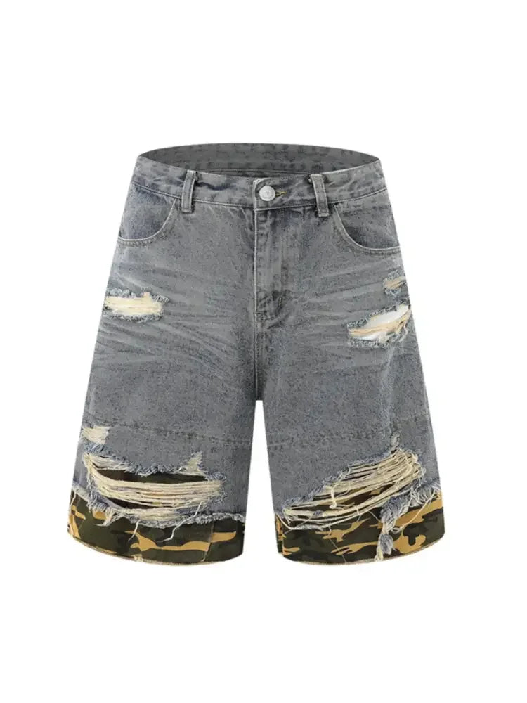 Men's Distressed Camouflage Denim Shorts