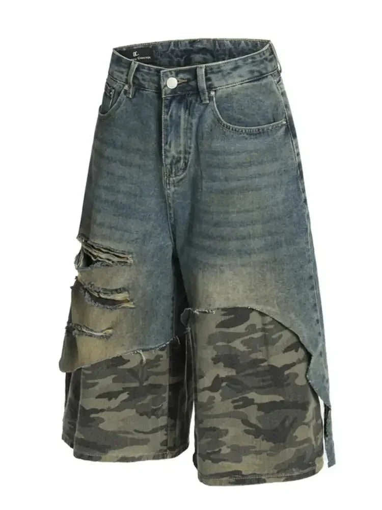 Men's Distressed Camouflage Patchwork Denim Shorts - Update AvenueTrendsi100400460156528100400460156528Men's Distressed Camouflage Patchwork Denim ShortsBlue