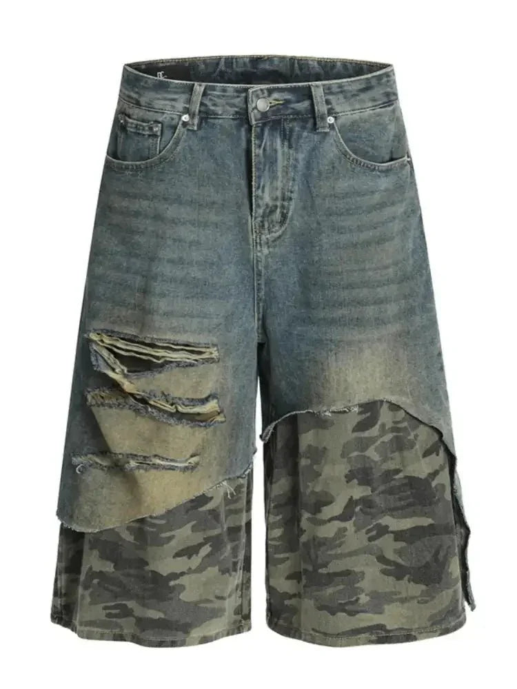 Men's Distressed Camouflage Patchwork Denim Shorts - Update AvenueTrendsi100400460156528100400460156528Men's Distressed Camouflage Patchwork Denim ShortsBlue