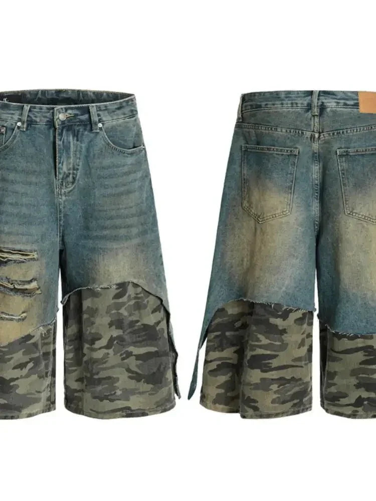 Men's Distressed Camouflage Patchwork Denim Shorts - Update AvenueTrendsi100400460156528100400460156528Men's Distressed Camouflage Patchwork Denim ShortsBlue