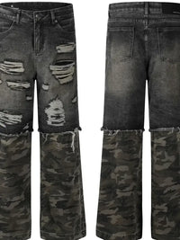 Men's Distressed Camouflage Patchwork Jeans