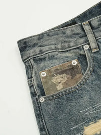 Men's Distressed Camouflage Patchwork Jeans