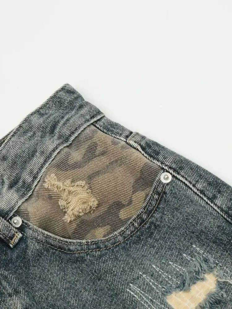 Men's Distressed Camouflage Patchwork Jeans