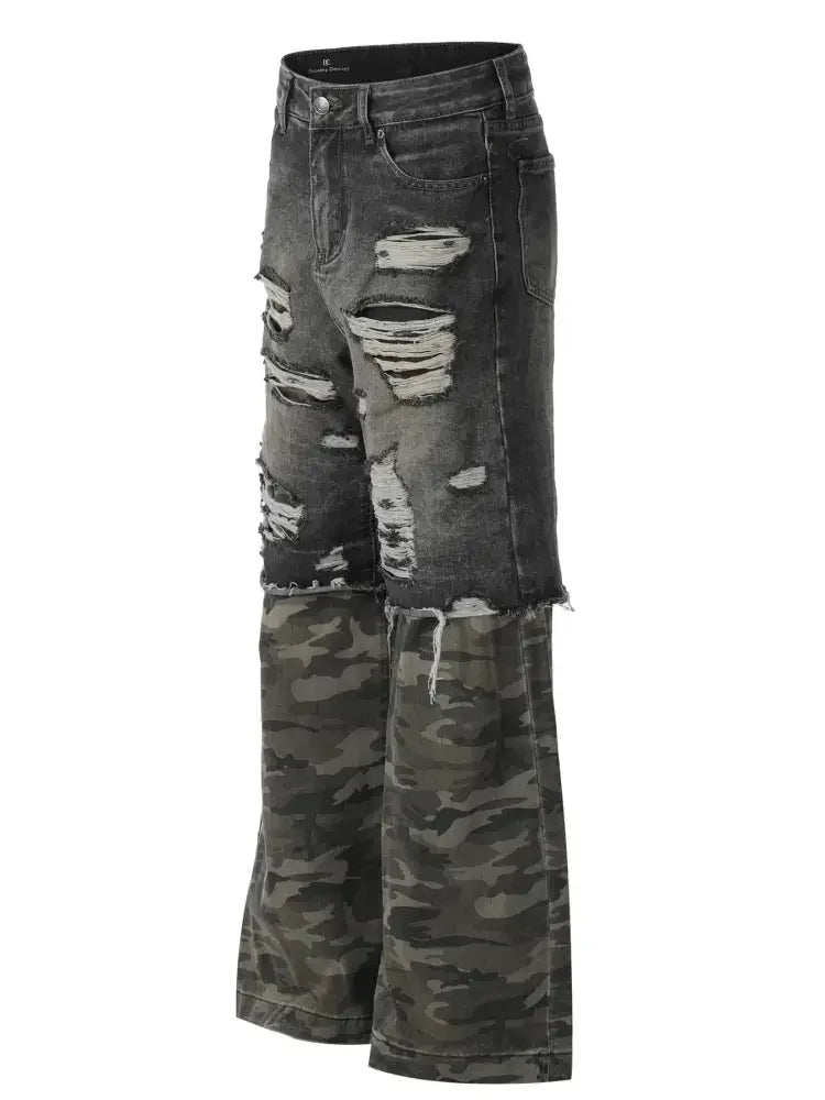 Men's Distressed Camouflage Patchwork Jeans