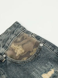 Men's Distressed Camouflage Patchwork Jeans