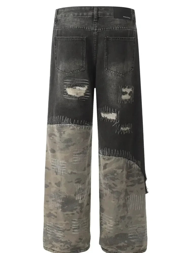 Men's Distressed Camouflage Patchwork Jeans