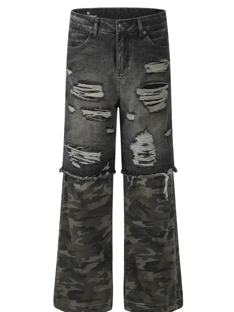 Men's Distressed Camouflage Patchwork Jeans