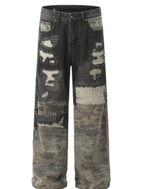 Men's Distressed Camouflage Patchwork Jeans