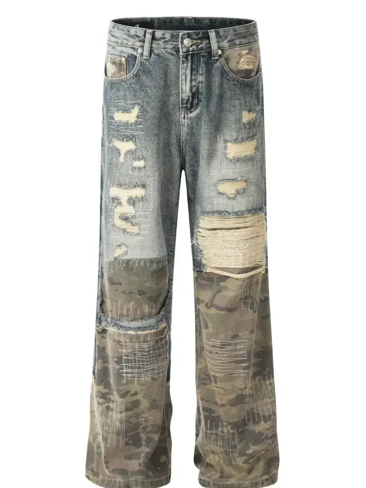 Men's Distressed Camouflage Patchwork Jeans