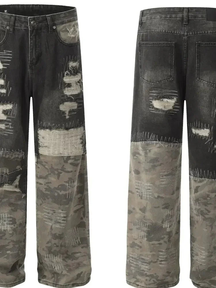 Men's Distressed Camouflage Patchwork Jeans - Update AvenueTrendsi100400848474627100400848474627Men's Distressed Camouflage Patchwork JeansBlack