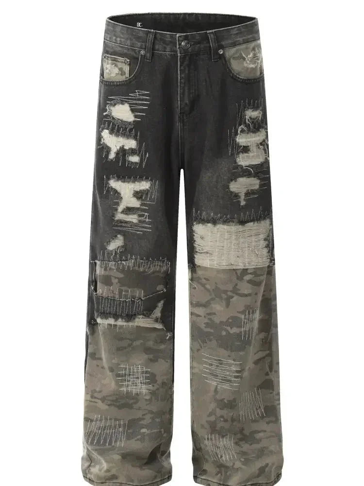 Men's Distressed Camouflage Patchwork Jeans - Update AvenueTrendsi100400848474627100400848474627Men's Distressed Camouflage Patchwork JeansBlack