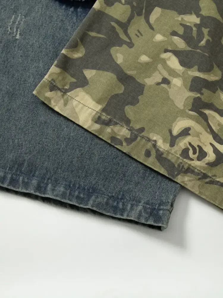 Men's Distressed Camouflage Patchwork Wide Leg Jeans