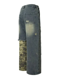 Men's Distressed Camouflage Patchwork Wide Leg Jeans