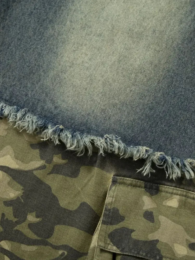 Men's Distressed Camouflage Patchwork Wide Leg Jeans