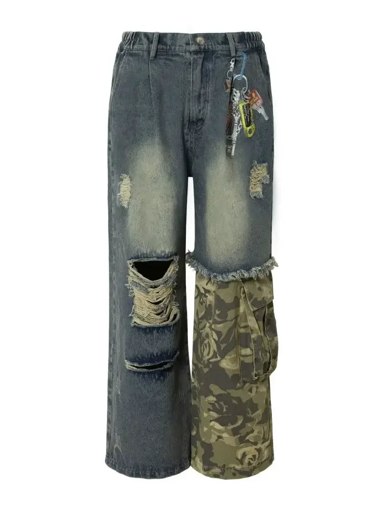 Men's Distressed Camouflage Patchwork Wide Leg Jeans