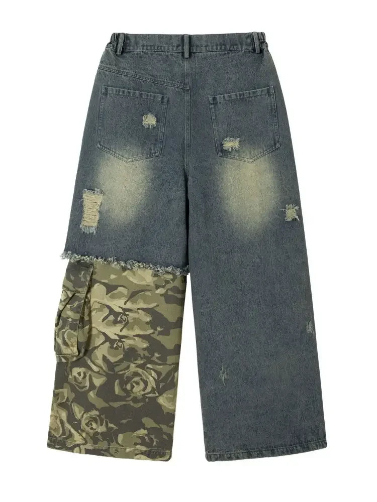 Men's Distressed Camouflage Patchwork Wide Leg Jeans