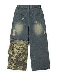 Men's Distressed Camouflage Patchwork Wide Leg Jeans