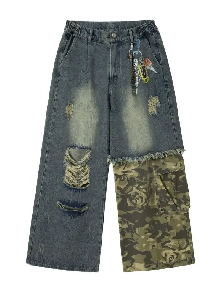 Men's Distressed Camouflage Patchwork Wide Leg Jeans