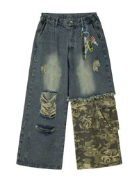 Men's Distressed Camouflage Patchwork Wide Leg Jeans