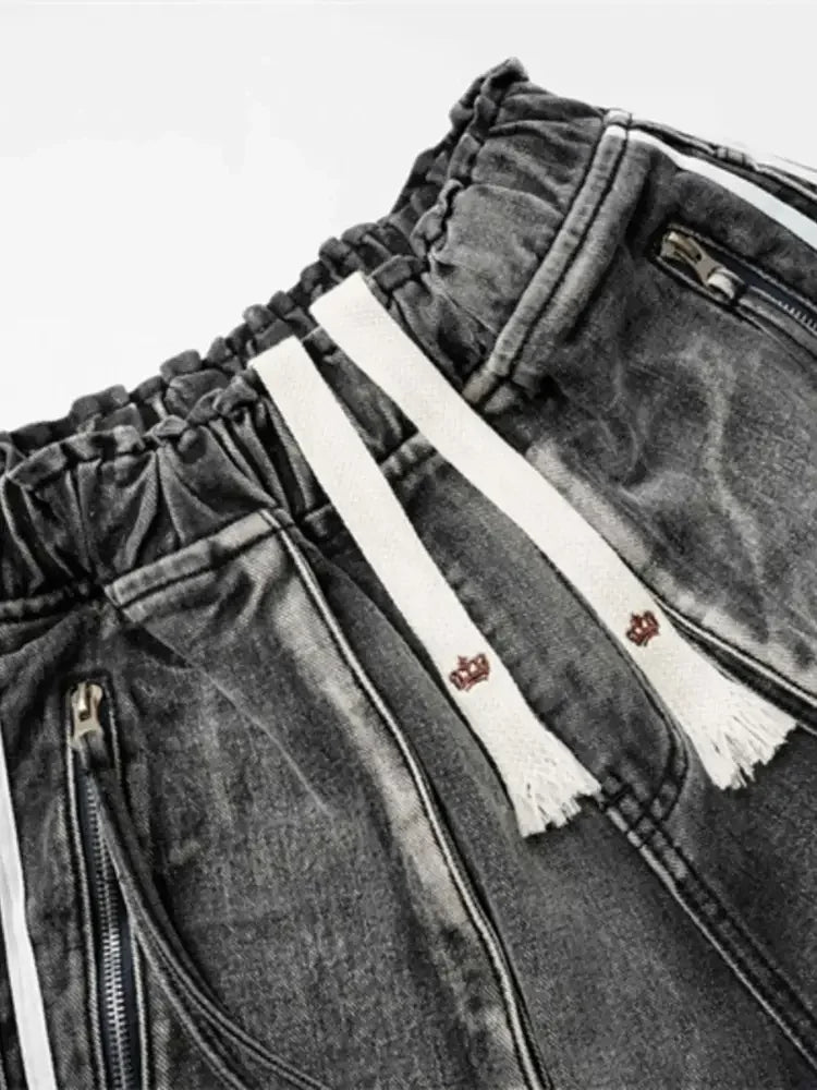 Men's Distressed Cargo Denim Shorts with Drawstring Waist