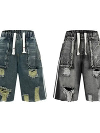 Men's Distressed Cargo Denim Shorts with Drawstring Waist