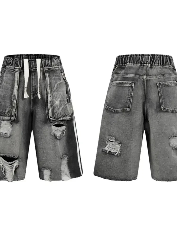 Men's Distressed Cargo Denim Shorts with Drawstring Waist