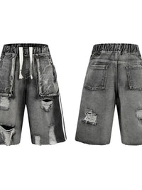 Men's Distressed Cargo Denim Shorts with Drawstring Waist