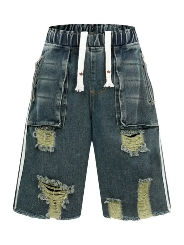 Men's Distressed Cargo Denim Shorts with Drawstring Waist