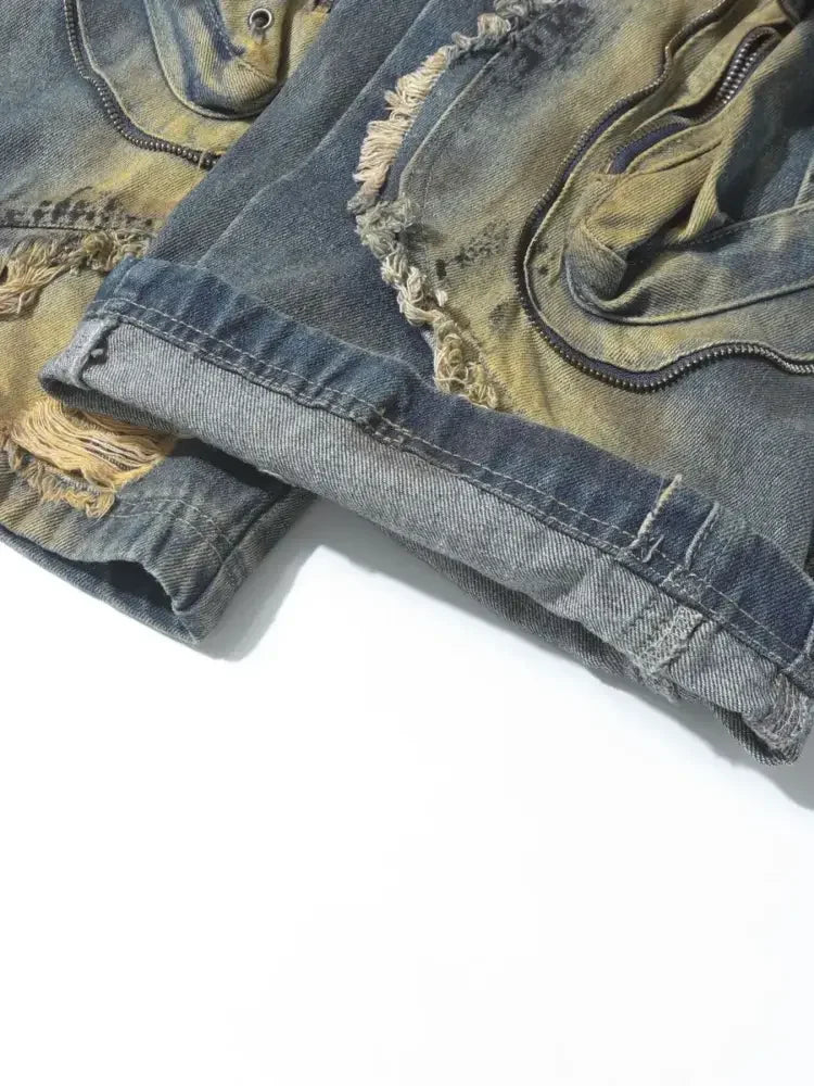 Men's Distressed Cargo Jeans with Artistic Ripped Design