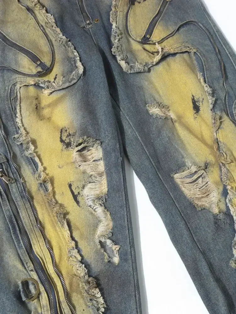 Men's Distressed Cargo Jeans with Artistic Ripped Design