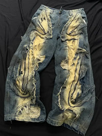 Men's Distressed Cargo Jeans with Artistic Ripped Design