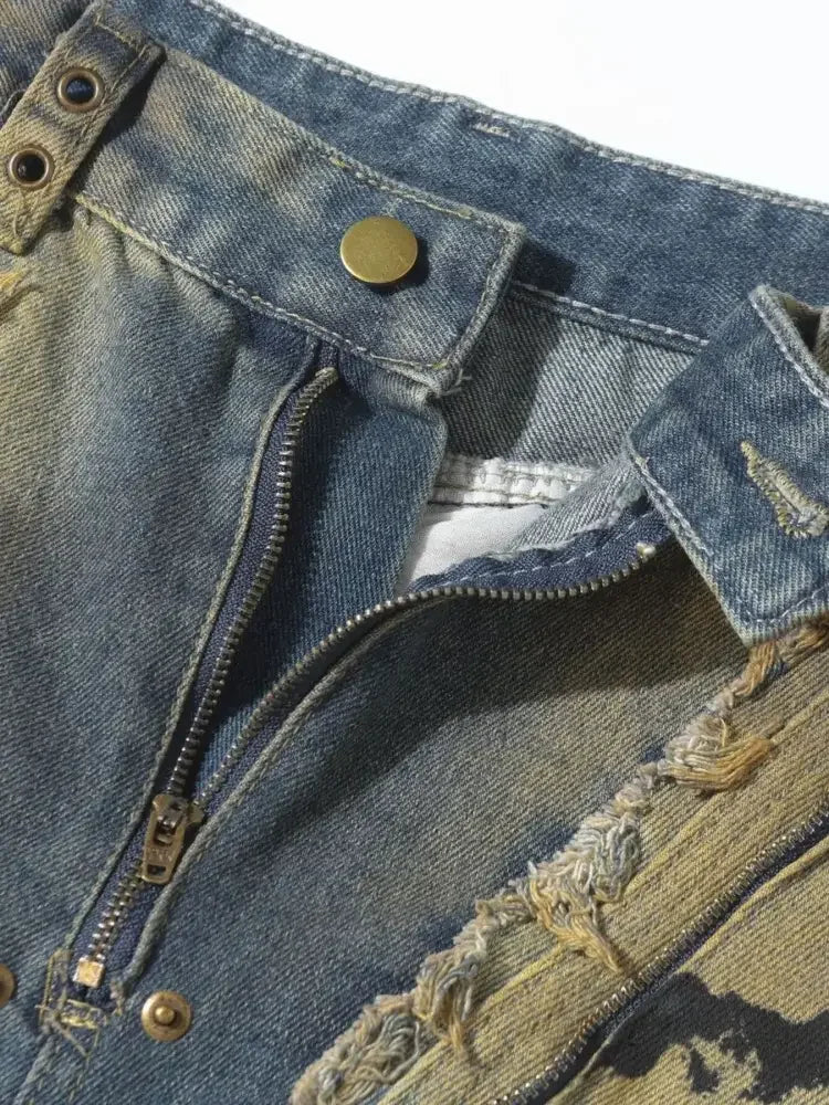 Men's Distressed Cargo Jeans with Artistic Ripped Design