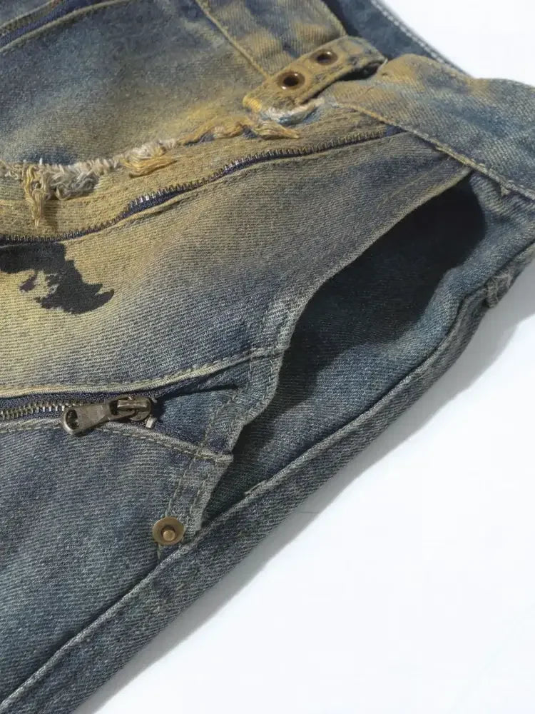 Men's Distressed Cargo Jeans with Artistic Ripped Design