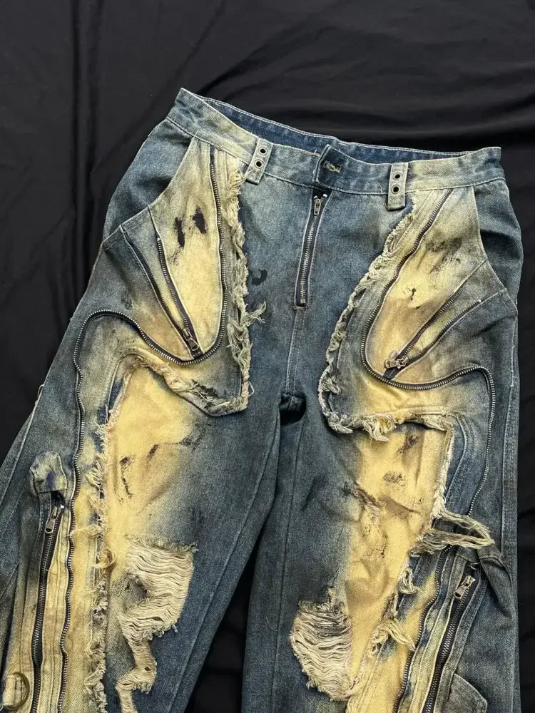 Men's Distressed Cargo Jeans with Artistic Ripped Design