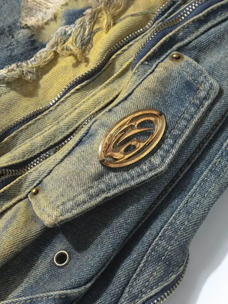 Men's Distressed Cargo Jeans with Artistic Ripped Design