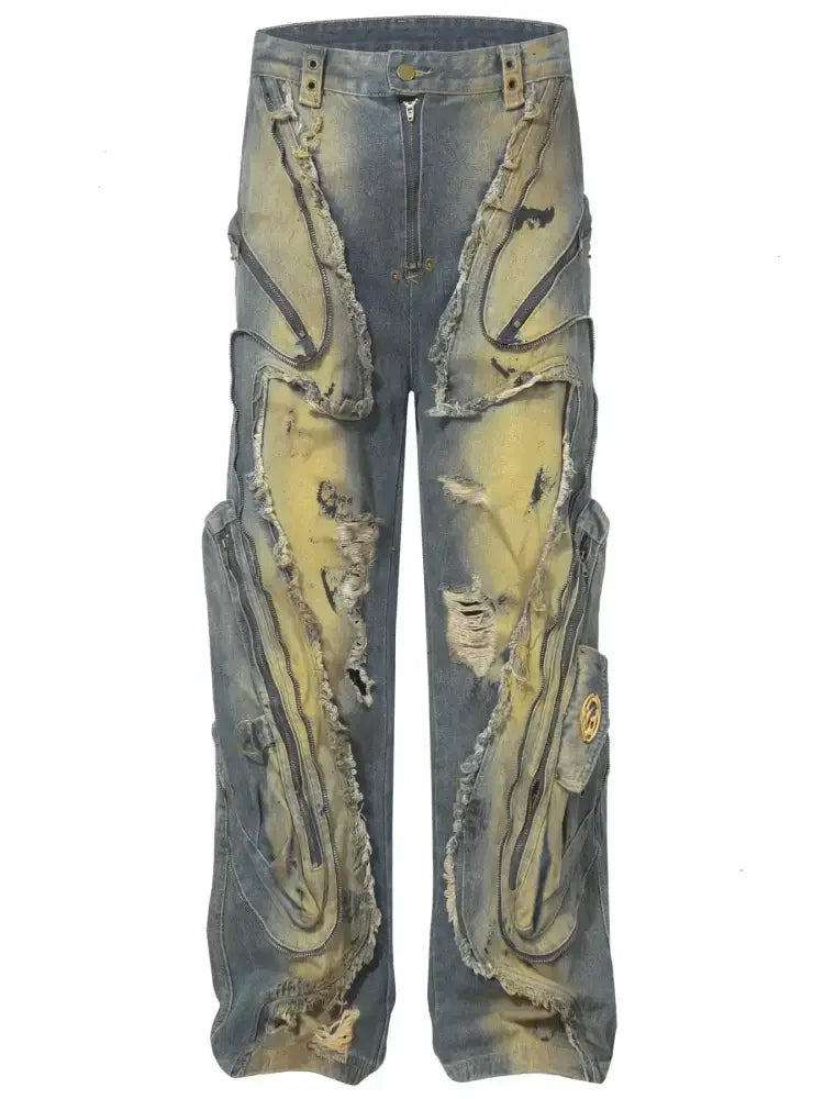 Men's Distressed Cargo Jeans with Artistic Ripped Design