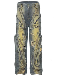 Men's Distressed Cargo Jeans with Artistic Ripped Design