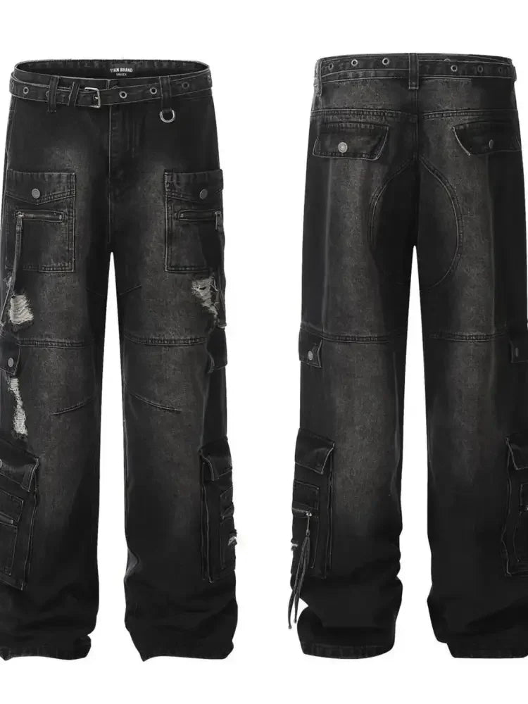 Men's Distressed Cargo Wide Leg Jeans