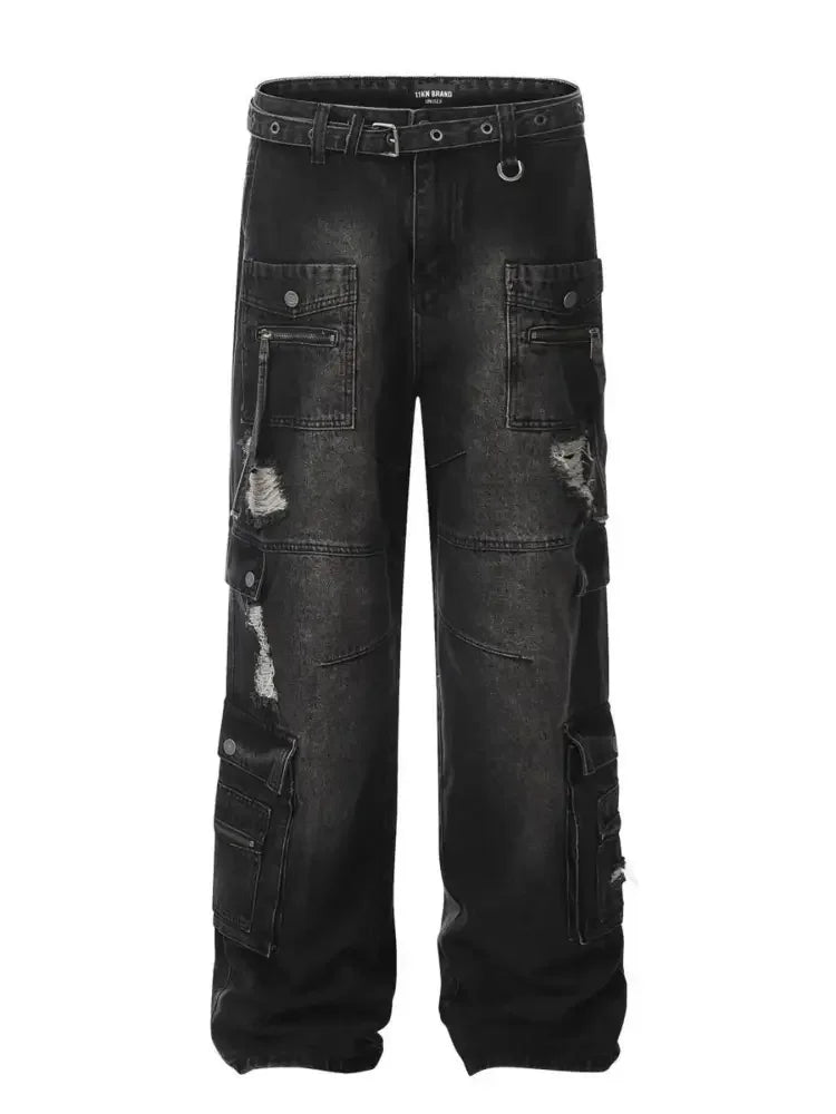 Men's Distressed Cargo Wide Leg Jeans