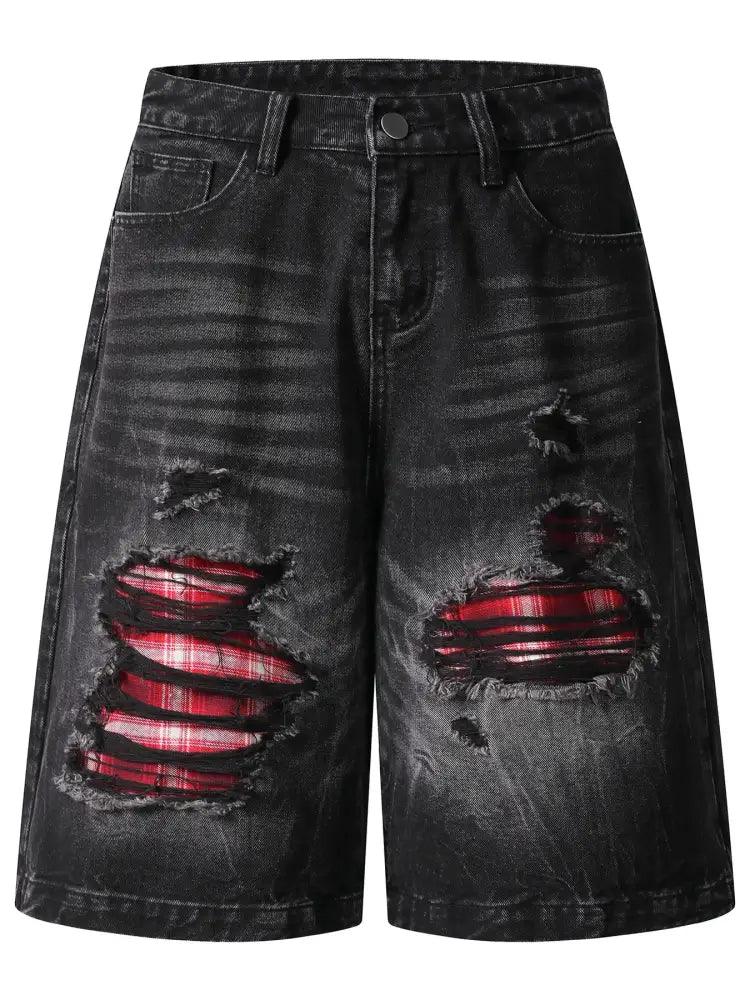 Men's Distressed Denim Shorts with Plaid Patches - Update AvenueTrendsi100400819153797100400819153797Men's Distressed Denim Shorts with Plaid PatchesBlack