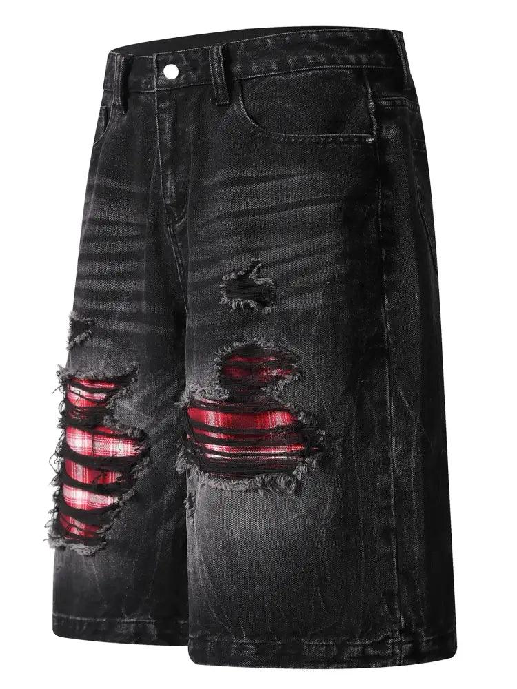 Men's Distressed Denim Shorts with Plaid Patches - Update AvenueTrendsi100400819153797100400819153797Men's Distressed Denim Shorts with Plaid PatchesBlack